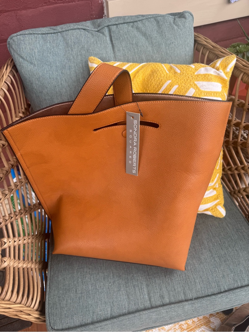 NWT Sondra Roberts Cognac Leather Tote with Top Handles.